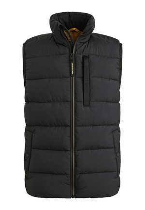 Gilet puffo nero con colletto alto, zip frontale e due tasche laterali. Presenta un motivo trapuntato orizzontale e dettagli dorati.