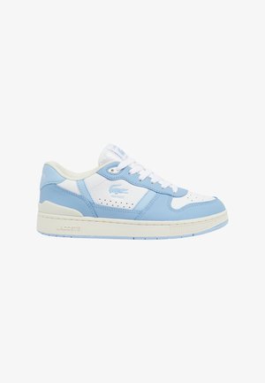 Light blue and white leather sneaker with perforated detailing, white laces, padded collar, and rubber sole. Lacoste branding on the side.