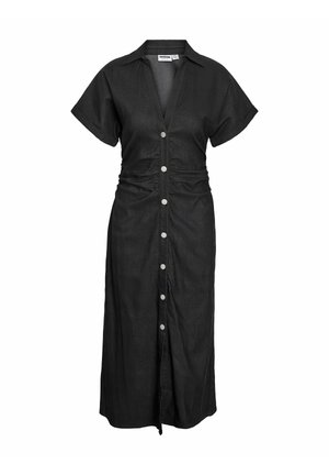 Black midi dress with short sleeves, collared neckline, ruched waist, and front snap button closure down the center.