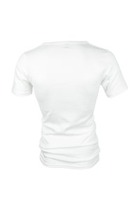Short-sleeve white cotton t-shirt with a round neckline, featuring a smooth texture and a fitted shape, showing seams at shoulders and sides.
