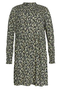 Svart blommig klänning med gula och gröna mönster, långa ärmar, en rynkad halsringning och en avslappnad passform som vidgar sig vid midjan.