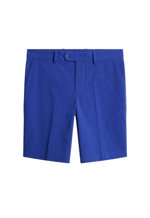 Blue shorts made of woven fabric, featuring a flat front, belt loops, and side pockets; tailored fit with a neat hem.