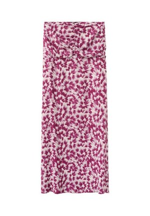 Vestido midi sin tirantes con busto fruncido, con un patrón de teñido anudado floral en tonos rosa y blanco sobre tela ligera.