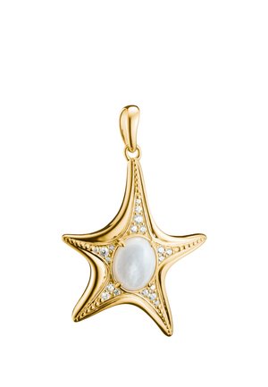 Ciondolo a forma di stella d'oro con una pietra preziosa ovale bianca al centro e piccole pietre trasparenti che decorano i bracci della stella.
