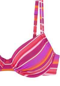 Dantuotas bikinio viršus su rožinėmis, violetinėmis ir oranžinėmis vertikaliomis juostelėmis. Lygi medžiaga su reguliuojamomis petnešėlėmis ir kabliuku.