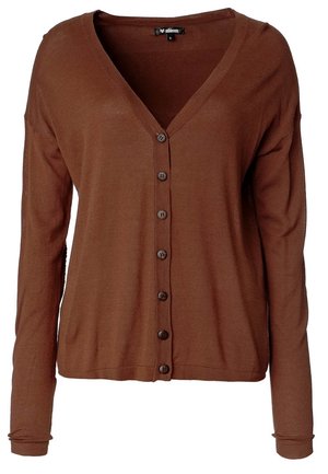 Brun cardigan med lange ærmer, knapper foran, V-udskæring og ribstrikkede manchetter, størrelse small, fra mærket Minimum.