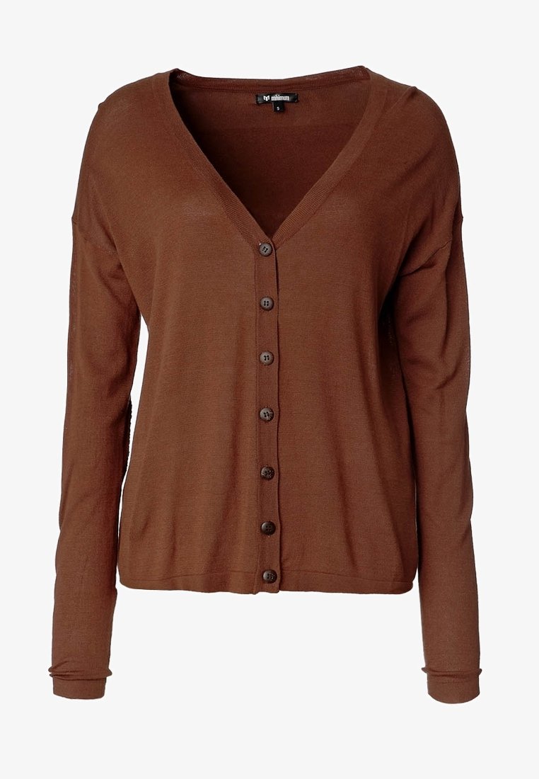 Cardigan marron à manches longues avec boutons, col en V et poignets côtelés, taille small, de la marque Minimum.