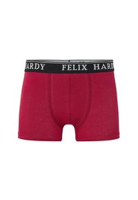 Boxer-briefs rouges en tissu doux avec une ceinture élastique noire portant le logo "FELIX HARDY" en blanc. Texture lisse et coupe classique.