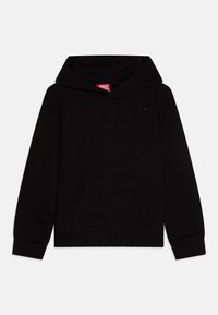 Sudadera negra hecha de una mezcla de algodón, con un bolsillo frontal, puños y dobladillo acanalados, y un pequeño detalle de logo en el pecho.