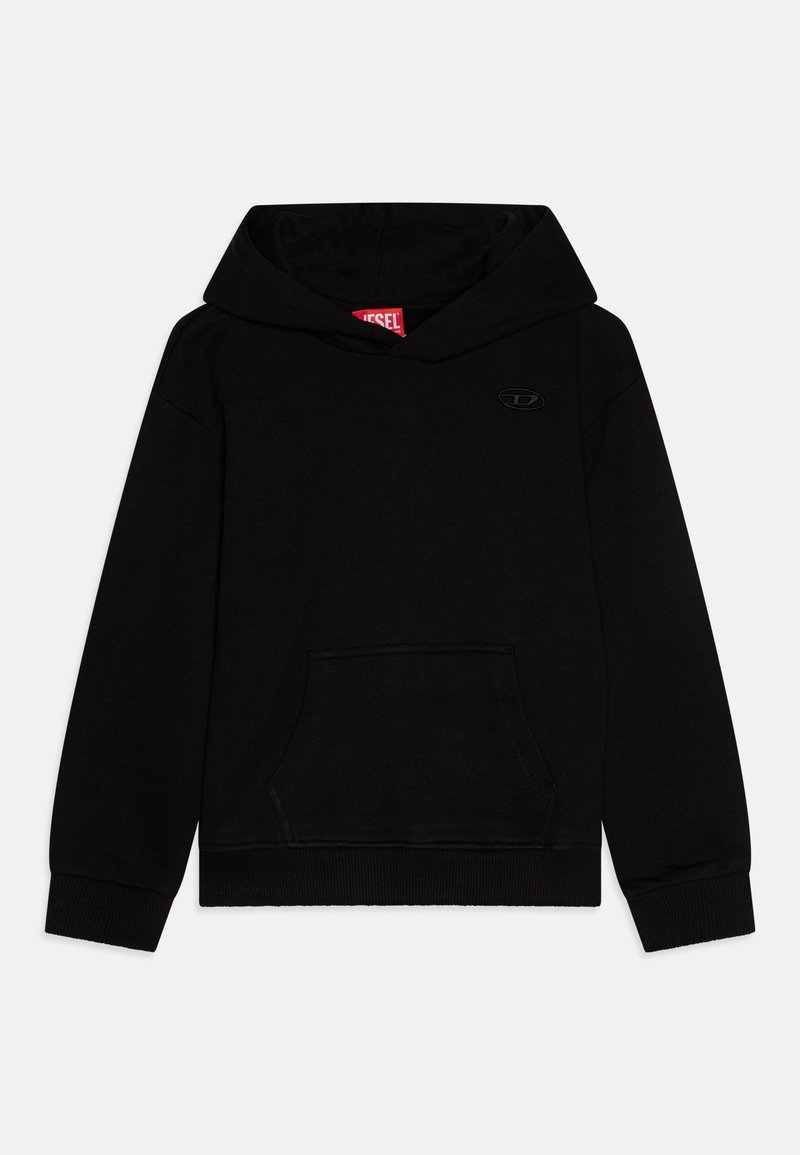 Sudadera negra hecha de una mezcla de algodón, con un bolsillo frontal, puños y dobladillo acanalados, y un pequeño detalle de logo en el pecho.