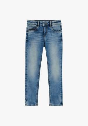 Tanke modre kavbojke iz jeansa z izpranim videzom. Imajo zapenjanje na gumb, pet žepov in zašite šive. Gladek tekstura z rahlim raztezanjem.