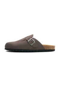 Brown suede slip-on clog with a cork footbed and black rubber outsole; features a side buckle and cut-out design for ventilation.