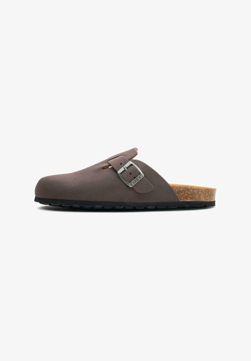 Brown suede slip-on clog with a cork footbed and black rubber outsole; features a side buckle and cut-out design for ventilation.