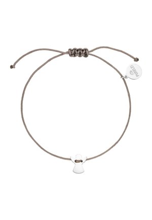Adjustable grey cord bracelet with a small silver angel charm and a round silver tag engraved with "PURELEI."