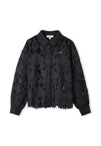 Blusa nera in pizzo con ritagli floreali, colletto, chiusura frontale con bottoni e maniche affusolate. Tessuto texture con un design aperto su tutta la superficie.