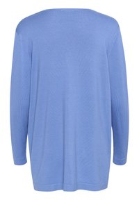 Pull long de couleur bleu clair avec un col large. Texture douce, coupe décontractée et poignets côtelés. La vue de dos montre un design lisse et sans couture.