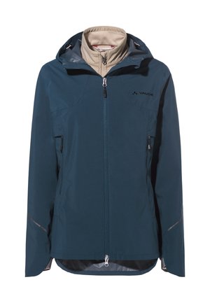 Giacca impermeabile turchese con zip frontale, due tasche laterali e cappuccio regolabile. Tessuto leggero e liscio con fodera grigia.