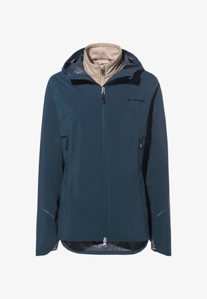 Giacca impermeabile turchese con zip frontale, due tasche laterali e cappuccio regolabile. Tessuto leggero e liscio con fodera grigia.