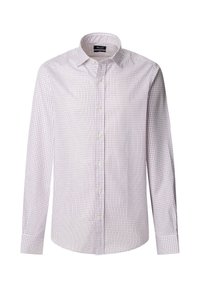 Camicia a maniche lunghe con motivo a quadri bianco e viola. Realizzata in tessuto leggero; presenta un colletto classico e polsini con un solo bottone.