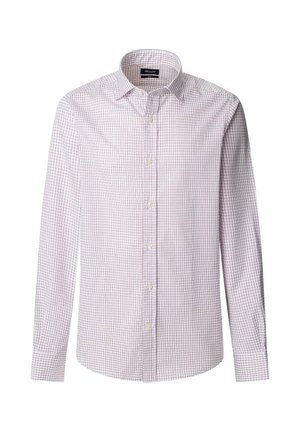 Long-sleeve button-up shirt with a white and purple check pattern. Made from lightweight fabric; features a classic collar and single-button cuffs.