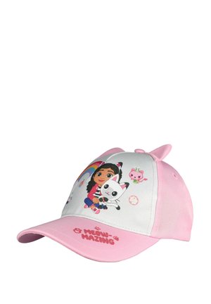 Cappellino rosa e bianco per bambini con una bambina dei cartoni animati che abbraccia un gatto, arcobaleno, piccolo gatto rosa e scritta "Meow-mazing" sulla visiera.