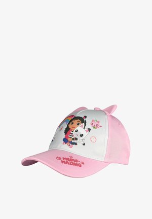 Cappellino rosa e bianco per bambini con una bambina dei cartoni animati che abbraccia un gatto, arcobaleno, piccolo gatto rosa e scritta "Meow-mazing" sulla visiera.