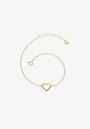 Guldring med en delikat kæde og en hjerteformet vedhæng med åben midte. Inkluderer en lås og justerbar længde.