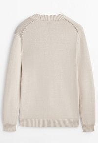 Pull en tricot beige à manches longues, col et ourlet côtelés, texture lisse et matériau léger. Design arrière propre et sans coutures.