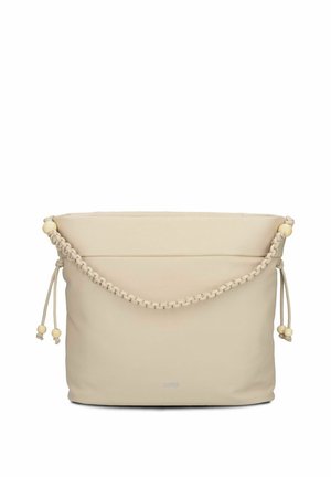 Borsa a mano in pelle morbida beige con tracolla intrecciata e dettagli con perline di legno, con un logo in rilievo sottile sul davanti.
