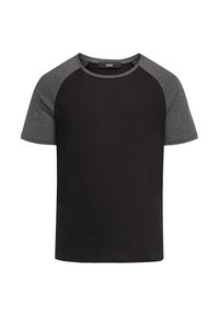 Black short-sleeve t-shirt with grey raglan sleeves. Made from soft cotton blend, features a crew neck and smooth texture.