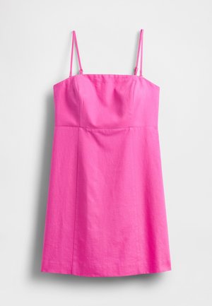 Lyserød ærmeløs kjole med tynde stropper, en tætsiddende overdel og et løstsiddende skørt. Fremstillet af letvægtsstof med en glat tekstur.