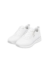 White sneakers with a textured mesh upper, flat laces, side zipper, padded collar, and rubber sole. Subtle branding and stitching details.