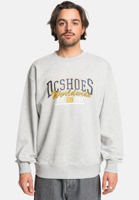 Sudadera gris con cuello redondo, que presenta gráficos coloridos de "DC Shoes Worldwide" y "EST 1994". Tejido suave y corte relajado.