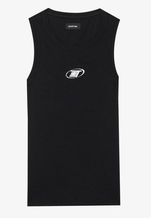 Black sleeveless tank top made from ribbed fabric, featuring a small white logo on the left chest area. Rounded neckline, regular fit.