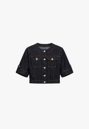 Giacca cropped in denim nero con maniche corte, bottoni argentati, due tasche sul petto decorate con bottoni gioiello.