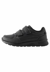 Scarpa sportiva nera realizzata in materiale sintetico, dotata di due cinturini regolabili in Velcro, punta rotonda, tomaia testurizzata e suola in gomma robusta.