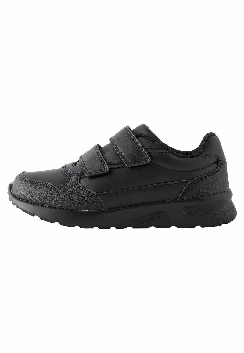 Scarpa sportiva nera realizzata in materiale sintetico, dotata di due cinturini regolabili in Velcro, punta rotonda, tomaia testurizzata e suola in gomma robusta.