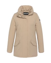 Beige, langærmet frakke med høj krave, lynlås foran og trykknaplukninger. Har to skrå forlommer og en glat, mat tekstur.