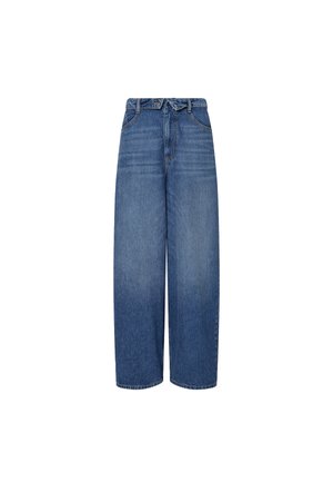 Jeans in denim blu a vita alta con gamba larga, tasche frontali, passanti per cintura e dettagli di sbiadimento sottili.