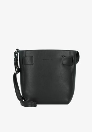 Zwarte leren emmer tas met een gladde textuur, minimalistisch ontwerp, zilveren hardware accenten en een verstelbare schouderband.
