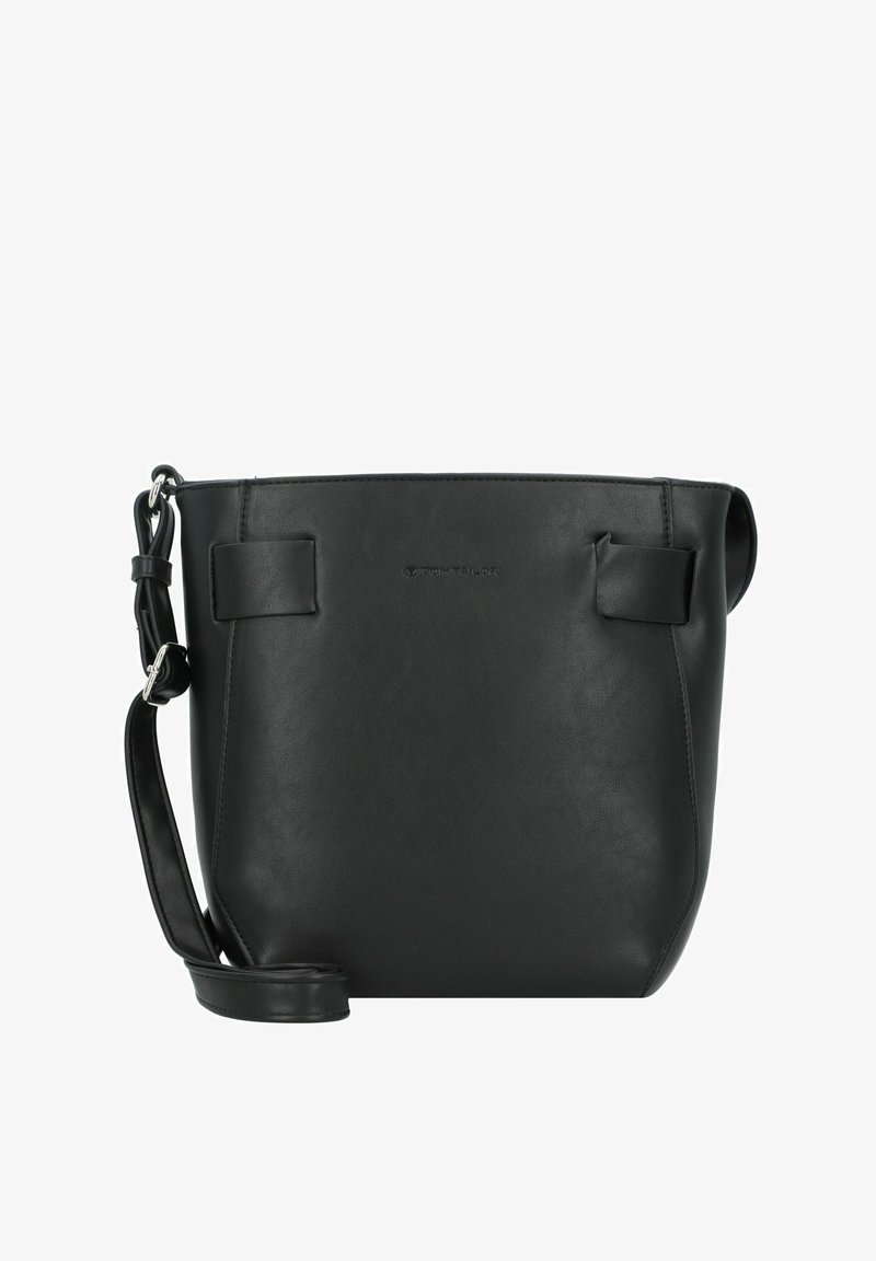 Borsa a secchiello nera in pelle con texture liscia, design minimalista, dettagli in metallo argentato e tracolla regolabile.