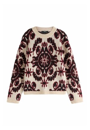 Strickpullover in Creme mit komplexen burgunderfarbenen und schwarzen Blumenmustern. Verfügt über einen runden Ausschnitt sowie gerippte Bündchen und Saum.
