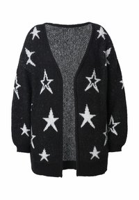Cardigan noir avec un motif d'étoiles blanches, à ouverture frontale, texture tricotée, manches longues et coupe décontractée. Convient pour une tenue décontractée.