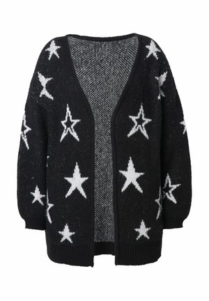 Černý cardigan s bílým vzorem hvězd, otevřený vpředu, pletená textura, dlouhé rukávy a volný střih. Vhodný pro každodenní nošení.