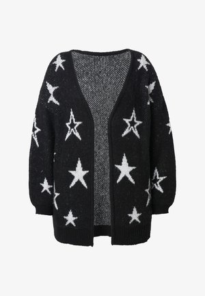 Cardigan nero con motivo a stelle bianche, apertura frontale, texture a maglia, maniche lunghe e vestibilità ampia. Adatto per un abbigliamento casual.