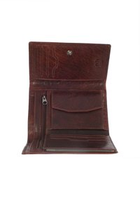 Brown leather wallet with a snap closure, featuring multiple card slots, a zippered compartment, and a textured interior.