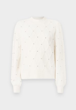 Sweater branco tricotado com um padrão de diamante, decorado com pequenos strass. Apresenta um decote redondo canelado e mangas longas.
