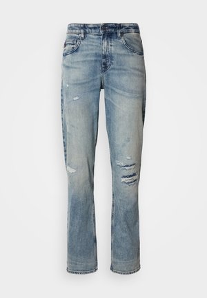 Light blue denim jeans featuring a straight-leg cut, distressed details, and a faded wash. Standard five-pocket design with a button closure.