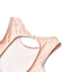 Blütenmuster-Bikinioberteil in hellrosa mit einem einfarbigen weißen Futter, ausgestattet mit einem Perlenknopfverschluss und aus glattem, dehnbarem Material.