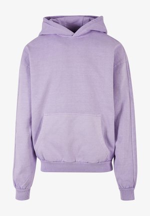Liliowa bluza z kapturem z przednią kieszenią, sznurkiem ściągającym na kapturze, długimi rękawami, ściągaczami przy mankietach i u dołu. Miękka tkanina o gładkiej fakturze.